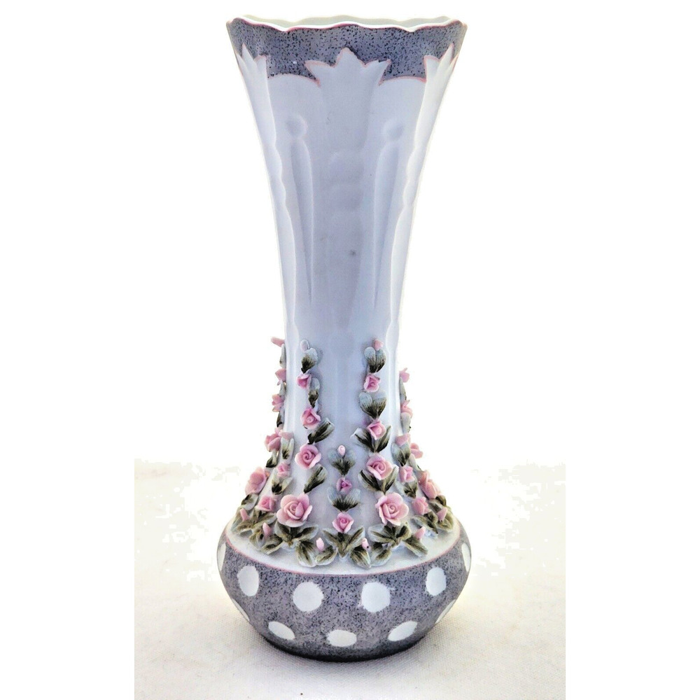 Vase-Shelf Decor-C. Sadek 6186-Unglazed Porcelain-Molded Flowers-Pink-Gray-10"